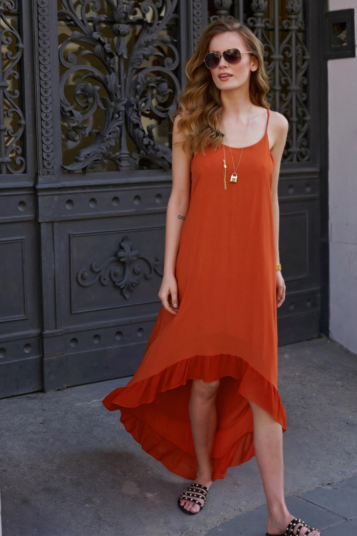 Asymetryczna sukienka z falbaną pomarańczowa L8